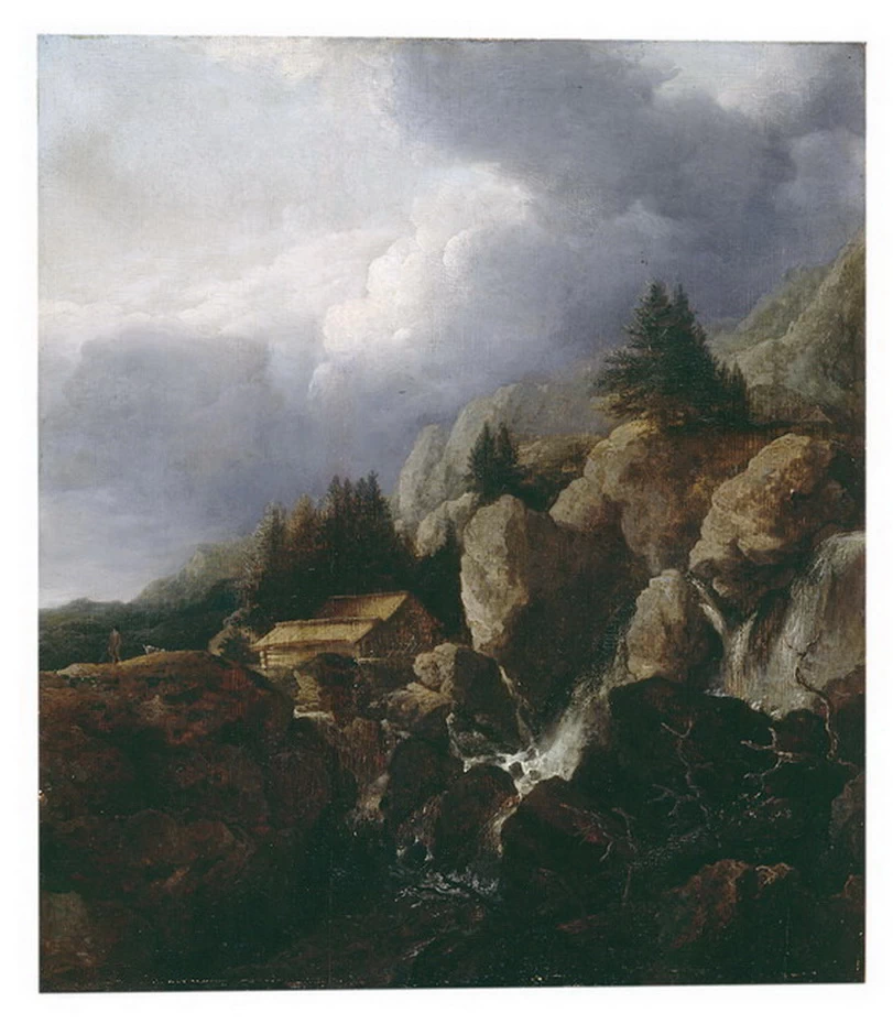 Paesaggio roccioso con una casa vicino a una cascata